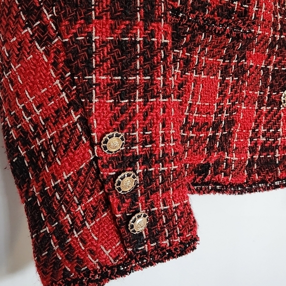 NWT Adrianna Papell Women's Crew Neck Red Black Holiday Tweed Jacket Size M - Picture 5 of 10